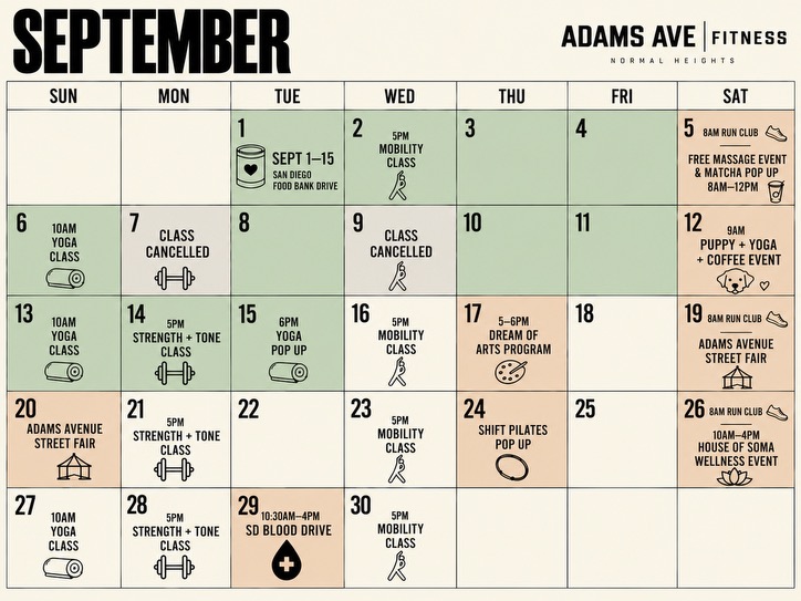 September schedule at Adams Ave Fitness